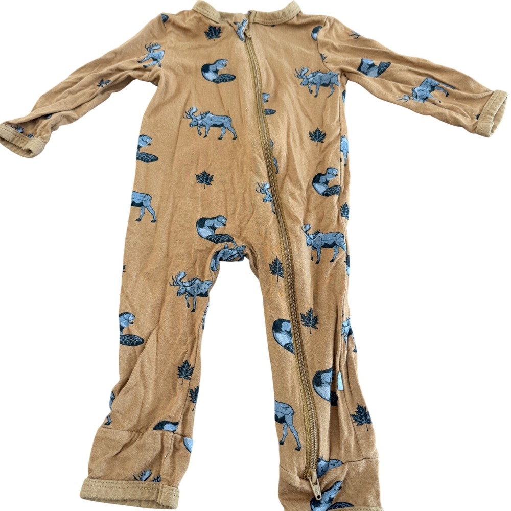 Kyte Baby Bamboo Zippered Romper 3-6 Months Wildlife Moose‎ Beaver Ochre Tan